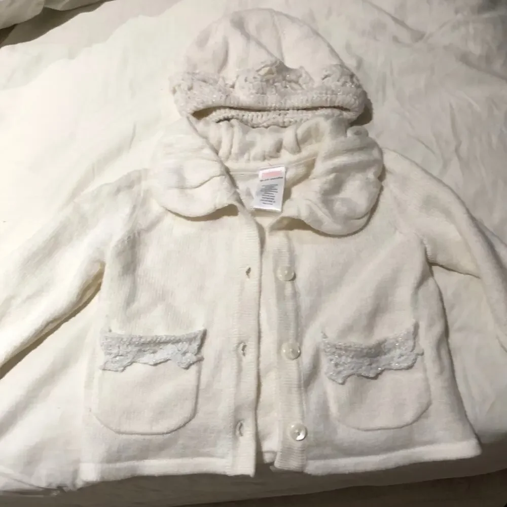 Gymboree White cardigan hat ruffled neck worn 1x